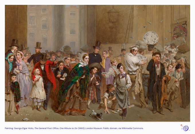 A classical painting captioned "Painting: George Elgar Hicks, The General Post Office, One Minute to Six (1860), London Museum. Public domain, via Wikimedia Commons" depicting a Victorian-era crowd of people in period clothing waiting outside.