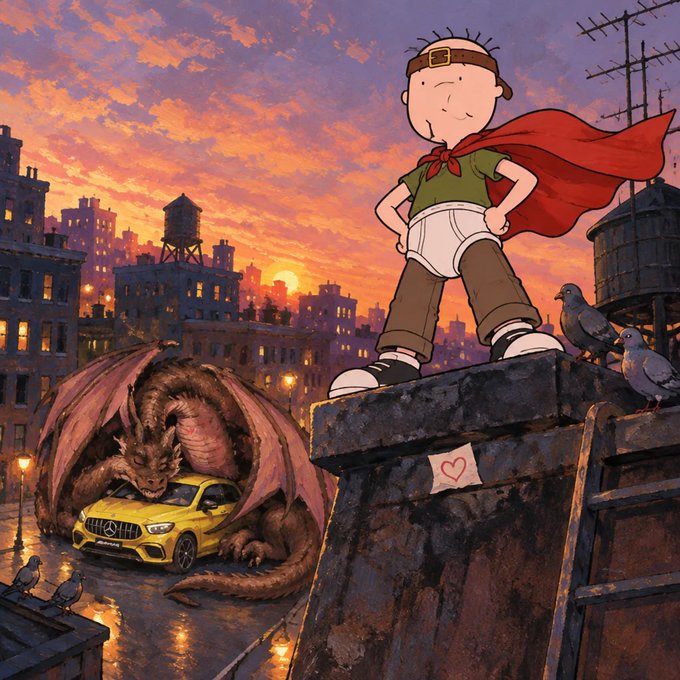 A cartoon illustration showing a child in a diaper and red cape standing triumphantly on a rooftop, while a large dragon perches on a yellow Mercedes car in the city street below at sunset.