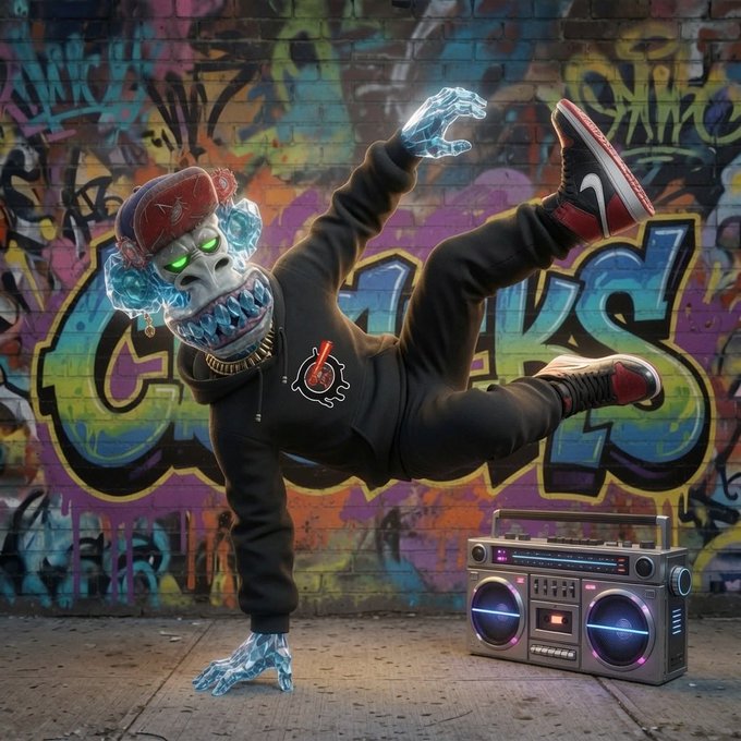 A stylized ice-headed character in a hoodie and red sneakers breakdances against a vibrant graffiti wall beside a boombox. The dynamic, energetic pose visually reinforces the post's empowering "speak life" message of daily positivity and self-elevation, paired with hashtags #LegUp, #LegtheFup, #Cstacks, and #BTC.