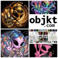 A promotional collage for objkt.com featuring colorful NFT artwork including cartoonish character designs and a 'Make art, not war' message.