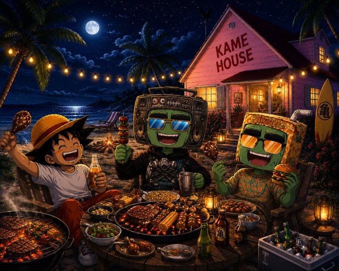 An animated illustration showing a boy and two green-skinned characters with boombox heads enjoying a beachside barbecue at night in front of a house labeled 'KAME HOUSE', with string lights and a full moon overhead.