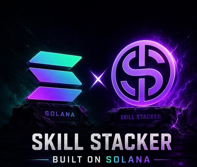 Promotional graphic for 'SKILL STACKER' built on Solana, featuring the colorful Solana logo alongside a purple 'SS' emblem on a dark background.