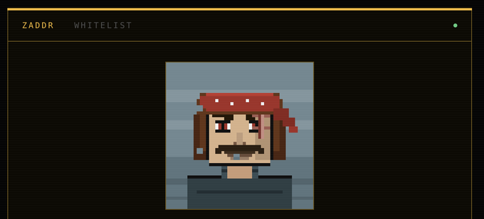 A pixel art pirate character with a red bandana and mustache displayed on a dark webpage with 'ZADDR WHITELIST' text in the top left corner.