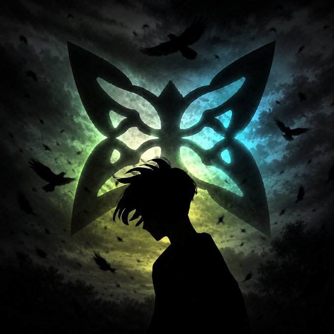 A dark, moody silhouette of a person with short hair stands before a large, glowing butterfly-shaped symbol with teal and yellow-green backlighting, surrounded by flying bird silhouettes against a cloudy night sky.