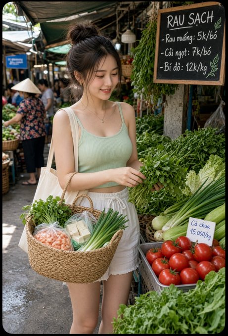A young woman in a green tank top and white shorts carries a woven basket of fresh vegetables at an outdoor market, standing near a chalkboard sign reading 'RAU SACH' with prices in Vietnamese for greens, tomatoes (7k), and peppers (12k/kg).