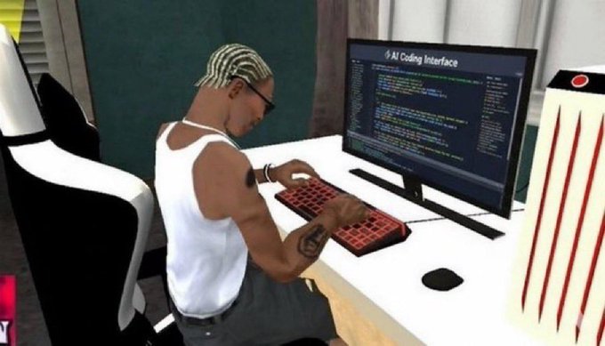 A video game screenshot showing a character with braided hair and sunglasses typing on a red keyboard at a desk with a monitor displaying 'AI Coding Interface'.