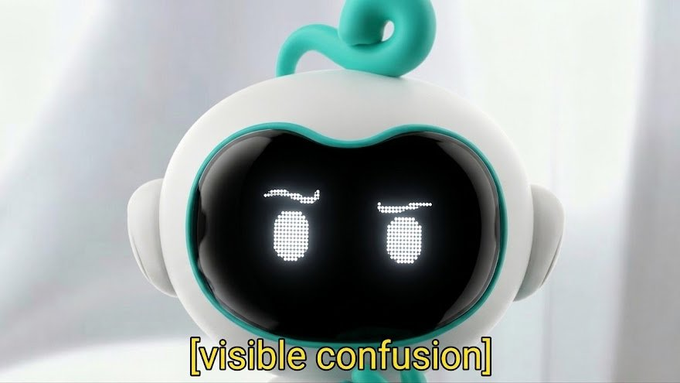 A close-up of a small white and teal robot with pixelated, furrowed eyebrows conveying visible frustration, captioned "[visible confusion]." The robot's bewildered expression perfectly mirrors the relatable feeling of watching the crypto market surge right after swapping holdings into stablecoins, missing the rally.