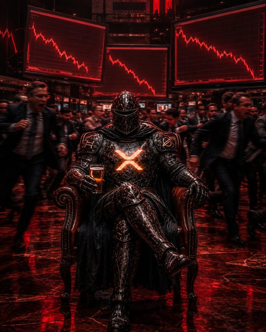 A dark, armored knight sits calmly in an ornate chair holding a beer, unfazed as panicked traders flee around him beneath red-falling XRP charts—visually embodying the post's message to hold steady and resist fear-driven selling.