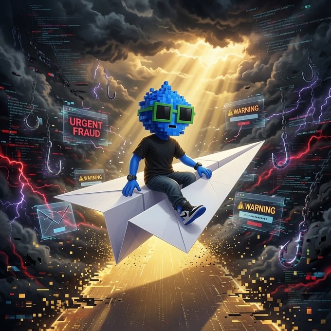 A digital illustration of a blue pixel-art character wearing green sunglasses sitting on a paper airplane, surrounded by 'URGENT FRAUD' and 'WARNING' pop-ups with stormy skies and lightning.