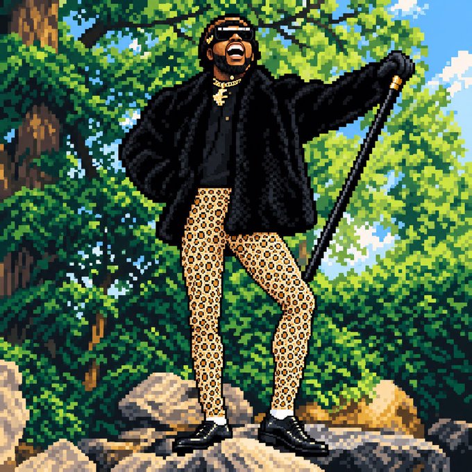 A pixel art illustration depicting a stylish Black man wearing sunglasses, a black fur coat, gold jewelry, and leopard print pants, holding a cane while laughing joyfully in a forest setting.