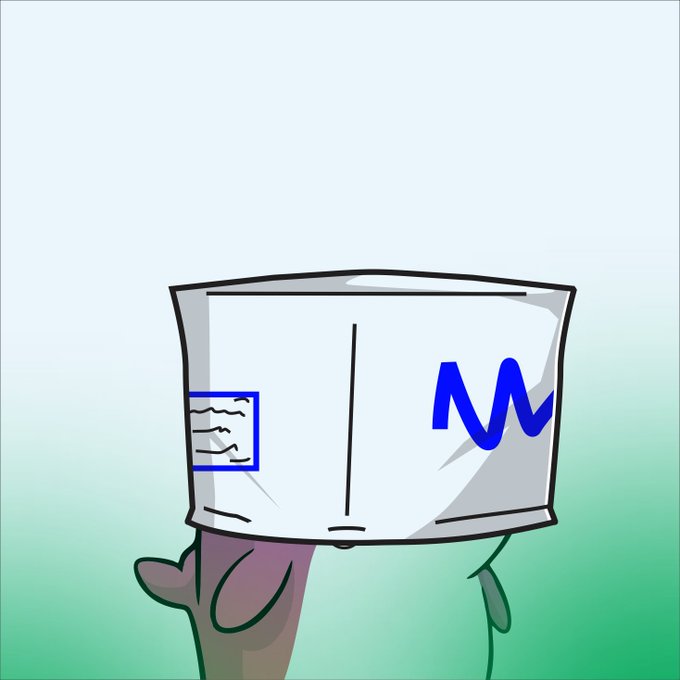 A cartoon character with green skin has a large, blank white rectangular object covering its head, featuring a blue zigzag line and a small blue box with wavy lines.