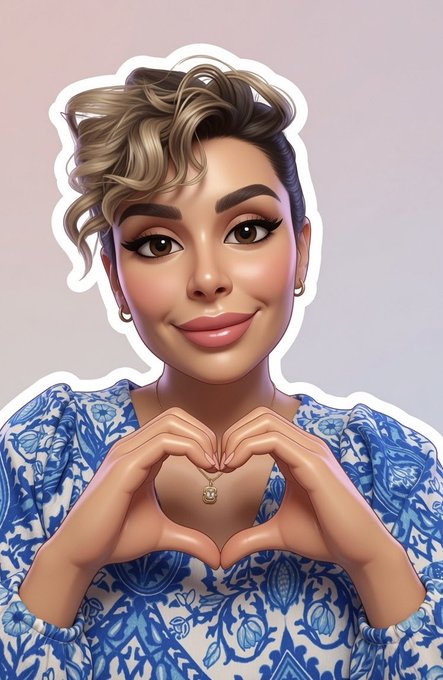 A cartoon-style digital illustration of a woman with styled blonde-highlighted hair and a warm smile, wearing a blue and white floral blouse and forming a heart shape with her hands, with a small pendant necklace visible.

The image complements the post by visually representing the warm, friendly "GM" (good morning) greeting and the heartfelt gratitude being expressed toward five supportive friends in the Tezos/AEW community.