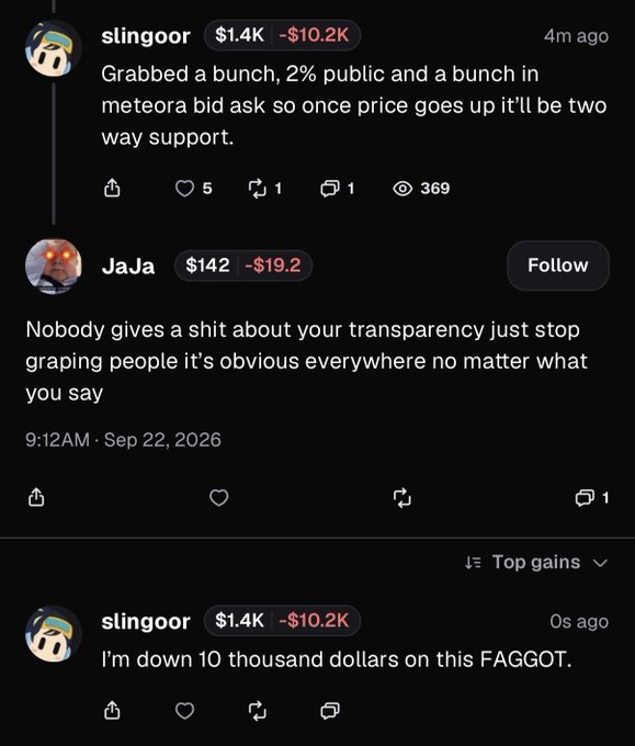 A screenshot of a crypto social media thread where user "slingoor" ($1.4K, -$10.2K) discusses buying a token with public and Meteora bids, prompting harsh criticism from "JaJa" ($142, -$19.2K) calling the transparency claims a scam, before "slingoor" angrily replies calling JaJa a slur—capturing the online harassment referenced in the post.
