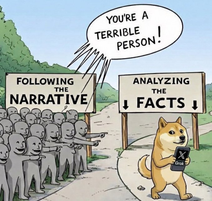A meme illustration showing a crowd of gray figures pointing and shouting 'YOU'RE A TERRIBLE PERSON!' at a Shiba Inu dog holding a phone labeled 'Grok', with signs reading 'FOLLOWING THE NARRATIVE' and 'ANALYZING THE FACTS'.