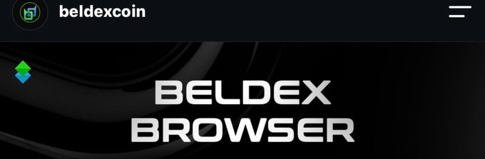 A website header for "beldexcoin" shows a dark background with the BELDEX BROWSER logo featuring green and blue geometric icons.
