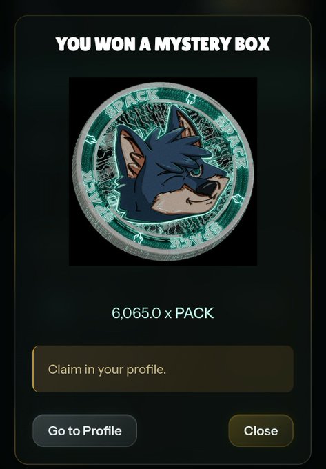 A mobile game notification screen declaring 'YOU WON A MYSTERY BOX', showing a teal $PACK coin with a wolf illustration and a button to 'Claim' 6,065.0 x PACK.