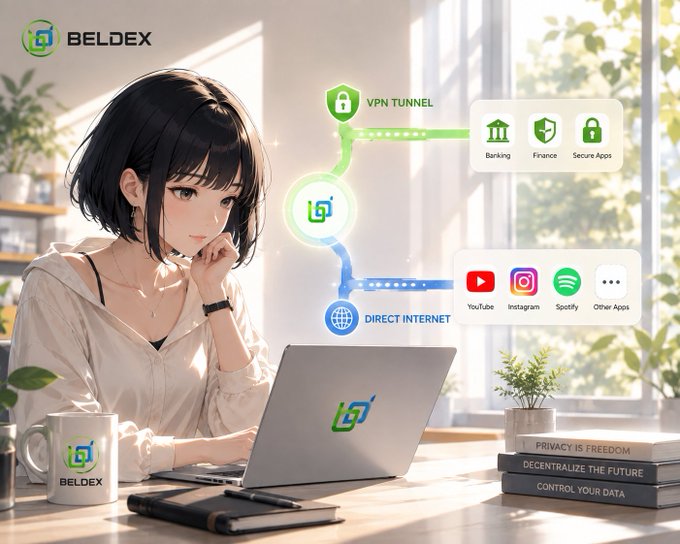 A promotional image for BELDEX VPN featuring an anime-style illustration of a woman at a laptop, highlighting secure VPN tunneling for banking, finance, YouTube, Instagram, Spotify, and other apps.