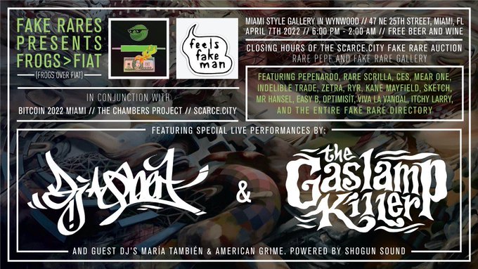 Promotional graphic for 'Fake Rares Presents Frogs>Fiat' at Miami Style Gallery in Wynnwood, April 7th 2022, featuring live performances by Shogun and The Gaslamp Killer, and guest DJs María También and American Grime.