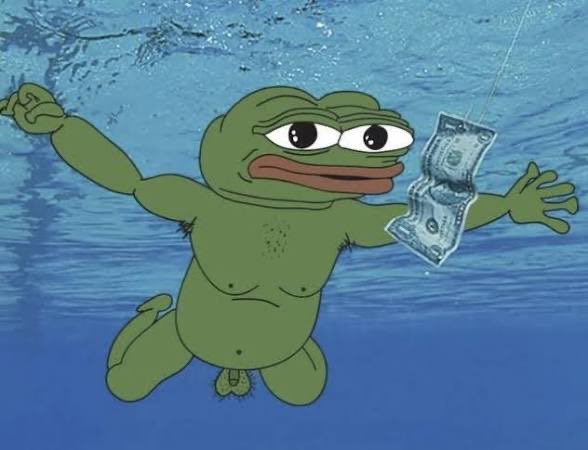 The image shows a Pepe the Frog meme underwater, reaching toward a dollar bill dangling from a fishing hook in front of him. The post relates to the meme's classic "frog reaching for bait" imagery, comparing accumulating a "beautiful token" at its bottom price to a Pepe greedily chasing what appears to be bait on a hook—suggesting the ticker combo was so enticing he couldn't resist buying heavily despite potential risk.