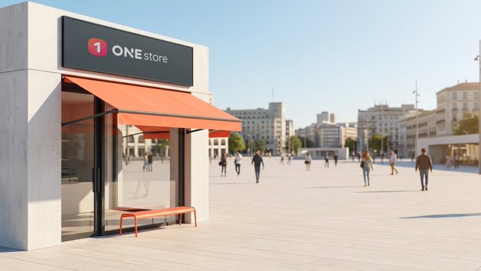The image shows the exterior of a "ONE store" branded retail building with a red awning, set in a sunny urban plaza with people walking about, visually representing the widespread physical and digital footprint of the ONEstore platform. The signage reinforces the post's claim of 38M+ installs in Korea, framing the storefront as a symbolic gateway to ONEstore's expanding ecosystem of AI-built games going on-chain.
