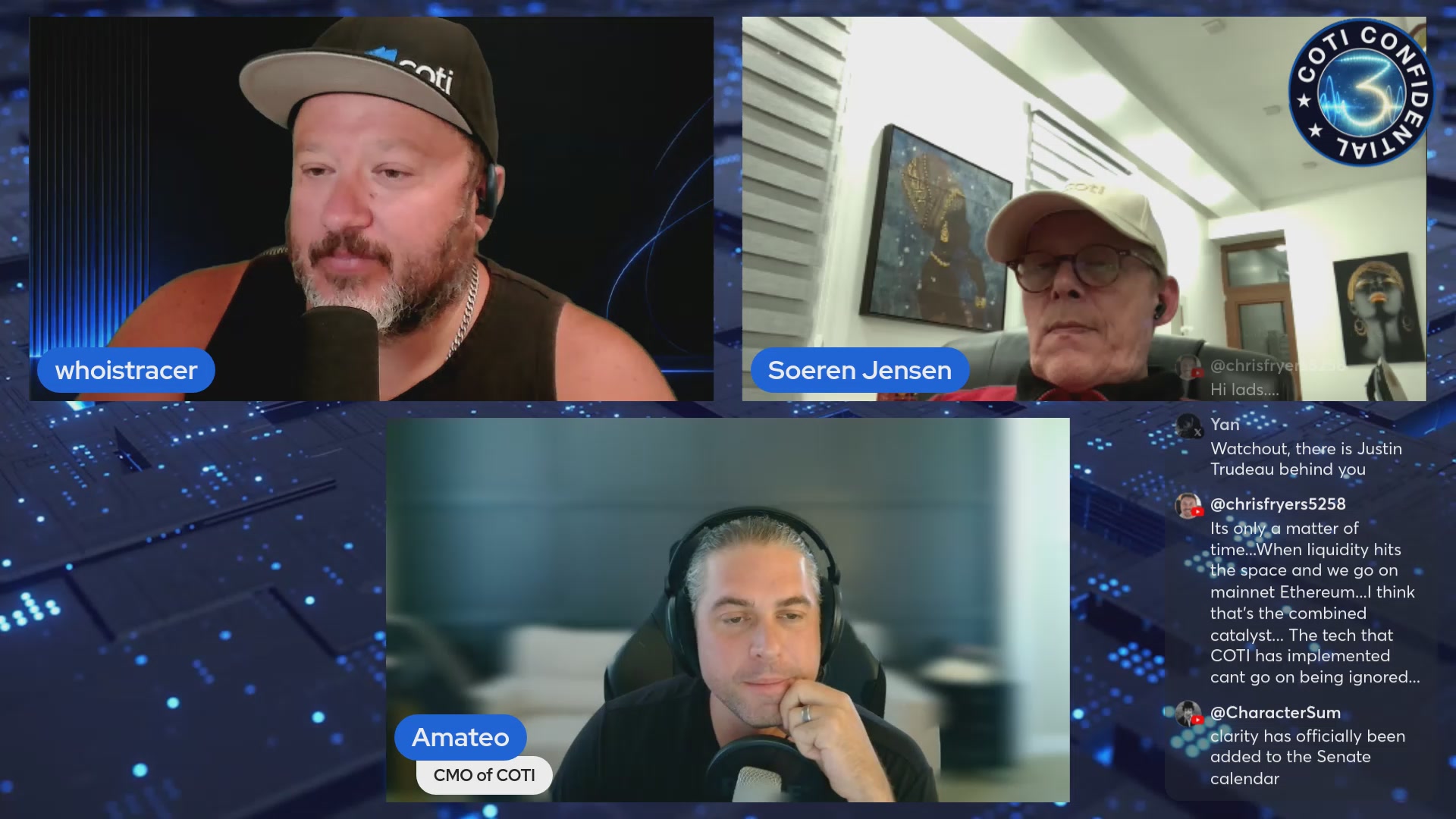 The image shows a computer screen with three different screens displayed, each showing a man wearing headphones and talking into microphones. The first person has a hat on their head, while the other two men are wearing headphones as well. The background of all three screens is blue, which appears to be part of an online chat or video call platform. The post that accompanies this image reads: "COTI Confidential - Season 3 - Episode 7 - June 2nd 2026".