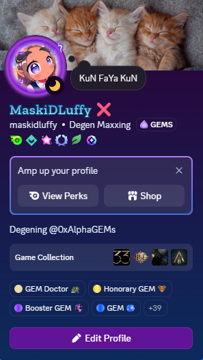 A user profile page titled 'MaskiDLuffy' with the subtitle 'Degen Maxing' and a GEMS badge, featuring a profile picture of a cartoon character and cats, with an 'Edit Profile' button.