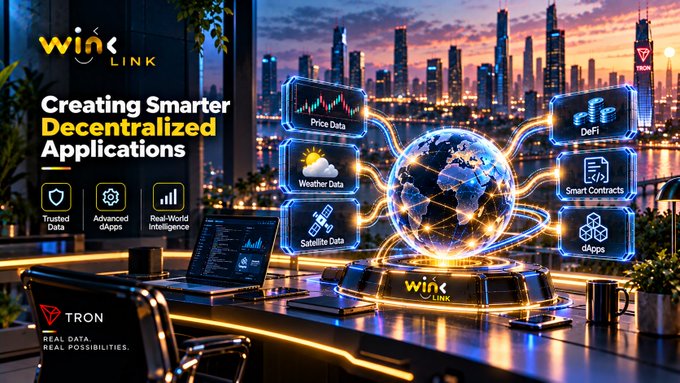An advertisement for 'WinkLink' on the TRON blockchain promotes 'Creating Smarter Decentralized Applications' with features like Trusted Data, Advanced dApps, and Real-World Intelligence.