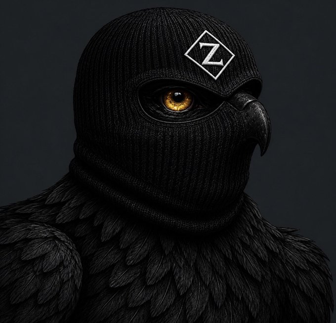 A striking black bird with a ski mask and a "Z" emblem is the subject of this image. The image likely serves as a visual for the $50 $Sol giveaway mentioned in the accompanying post.