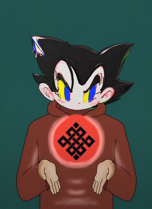A digital illustration of an anime-style character with spiky black hair, yellow and blue eyes, wearing a red hoodie featuring a glowing red endless knot symbol on the chest.