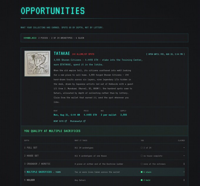A screenshot of an 'OPPORTUNITIES' page on what appears to be an NFT platform, detailing a 'TATAKAE' collection mint on Mon, Aug 31, with a price of 0.0055 ETH.