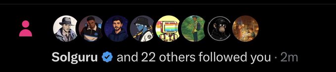 The image shows a Twitter/X notification stating "Solguru and 22 others followed you · 2m," featuring a row of circular profile pictures of the new followers. The post implies that Solguru following the user is a sign of flirtation, suggesting they should check their DMs.