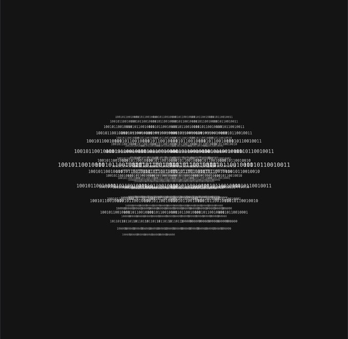 A black background with white binary code (0s and 1s) arranged to form a skull shape.