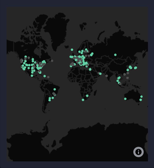 A dark world map dotted with teal and gray markers highlights the global distribution of Kaspa ($KAS) network nodes, visually representing the decentralized, borderless community referenced in the post.