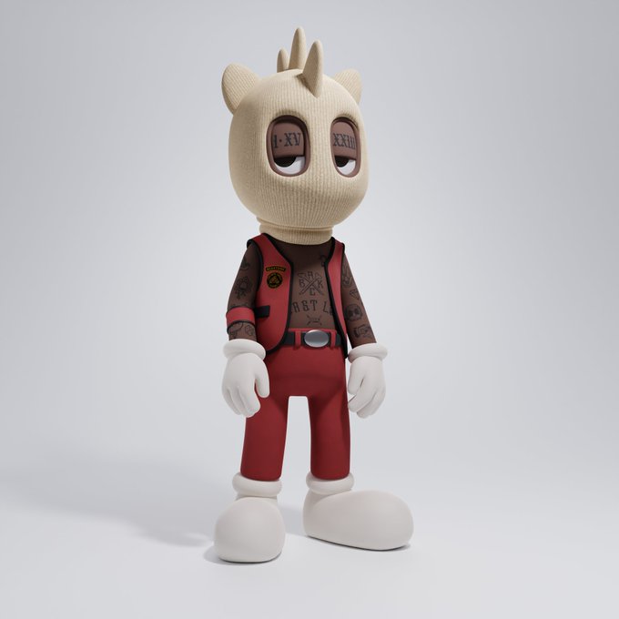 A cartoon character wearing a balaclava with Roman numeral tattoos "II-XV" and "XXXIII" on the eyelids, dressed in a red outfit with tattoo sleeves, white gloves, and white shoes, standing against a light gray background. The image relates to the post as the "Thug Ink" NFT collectible item from the Beasts collection that was just purchased.
