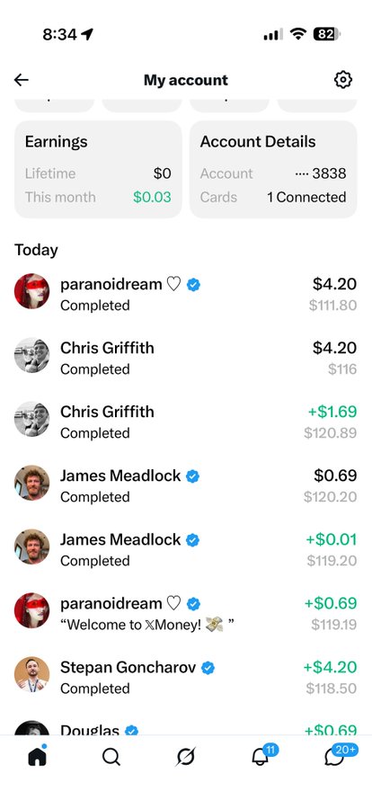 A mobile app screenshot titled 'My account' showing earnings of $0.03 this month and a transaction list with various users including paranoidream, Chris Griffith, James Meadlock, and Stepan Goncharov with amounts like $4.20 and $111.80.