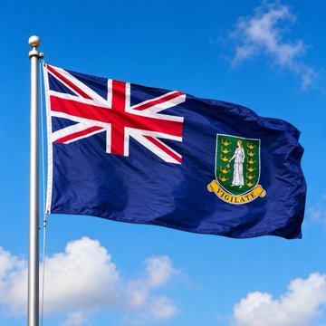 The flag of the British Virgin Islands flies against a blue sky, featuring the Union Jack in the upper left and the territory's coat of arms with the motto "VIGILATE." The image symbolizes the offshore jurisdiction whose favorable regulatory environment has attracted major crypto companies, even though it remains an underrecognized player in the global crypto industry.