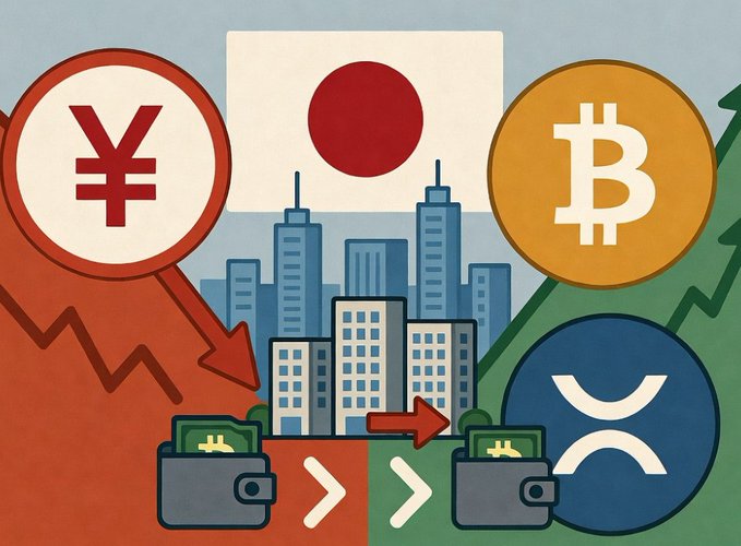 A digital illustration depicting Japanese currency (Yen) and cryptocurrency (Bitcoin and XRP) with a Japanese flag and cityscape in the background, showing money being transferred between wallets.