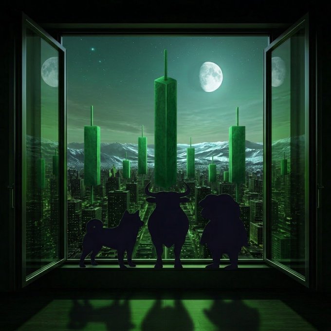 Silhouettes of a dog, bull, and bear sit in an open window, gazing out at a surreal green cityscape with towers and a moonlit sky.