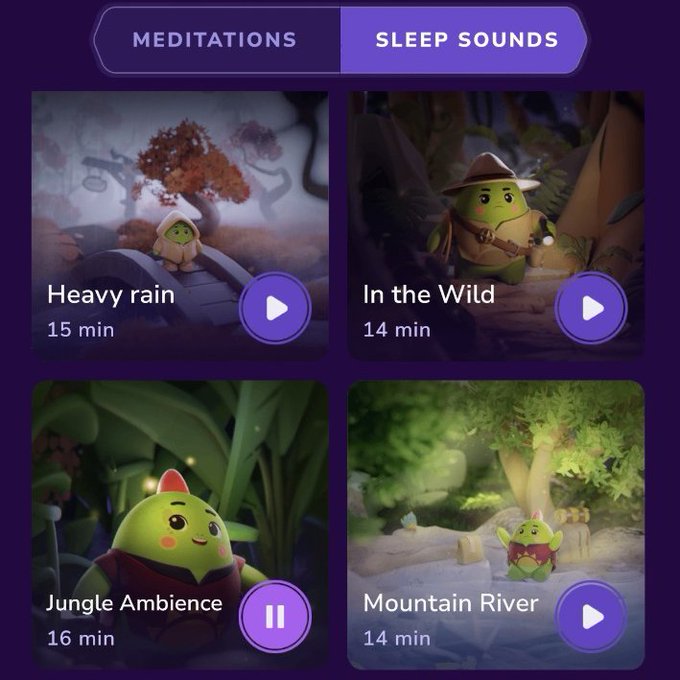 A meditation app interface showing the 'Sleep Sounds' tab selected with four audio options featuring cute green characters: 'Heavy rain' (15 min), 'In the Wild' (14 min), 'Jungle Ambience' (16 min, currently playing), and 'Mountain River' (14 min).