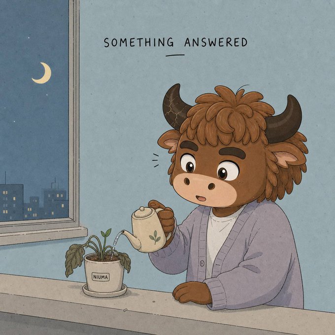 An illustration of a cartoon buffalo character wearing a purple cardigan, watering a wilting plant in a pot labeled 'NIUMA' by a window at night, with the text 'SOMETHING ANSWERED' at the top.