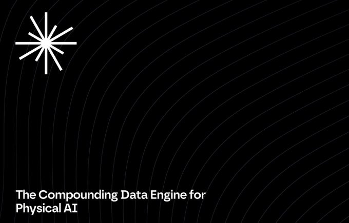 A black graphic displays a starburst symbol and the tagline "The Compounding Data Engine for Physical AI" with concentric circular lines in the background.