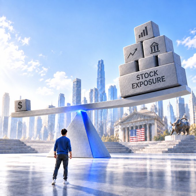 A small figure stands before a massive seesaw, where a tiny dollar sign cube outweighs towering blocks labeled "STOCK EXPOSURE" adorned with financial icons, set against a cityscape featuring a stock exchange draped in an American flag and a bull statue. The image visually represents the imbalance between capital required and potential stock market gains, reinforcing the post's message about breaking barriers that tie up capital needed for market positions.