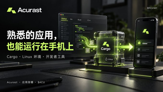 The image is a promotional graphic for Acurast, featuring a laptop displaying code in Python, Go, Rust, and C++, alongside a phone and a glowing "Cargo" cube with a Linux label, with arrows indicating the flow from desktop to mobile. The Chinese text translates to "Familiar apps can also run on mobile—Cargo · Linux environment · Developer tools," reinforcing the post's point that developers can deploy existing applications to mobile without rewriting them, making the Acurast platform more accessible for attracting real users.