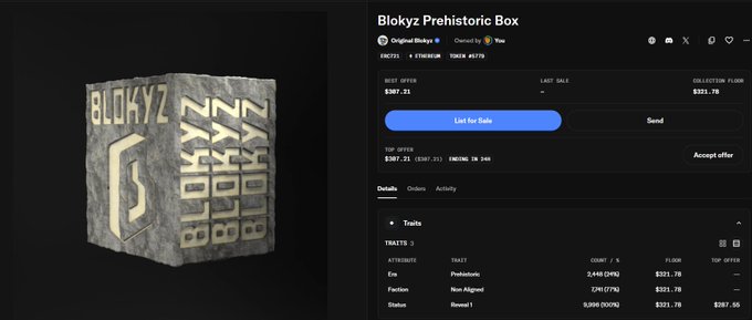 An NFT marketplace page for 'Blokyz Prehistoric Box' showing a 3D gray cube with yellow 'BLOKYZ' text, with details including 736721 ETH volume, $587.21 best offer, $321.78 collection floor, and trait data for Era, Faction, and Status.