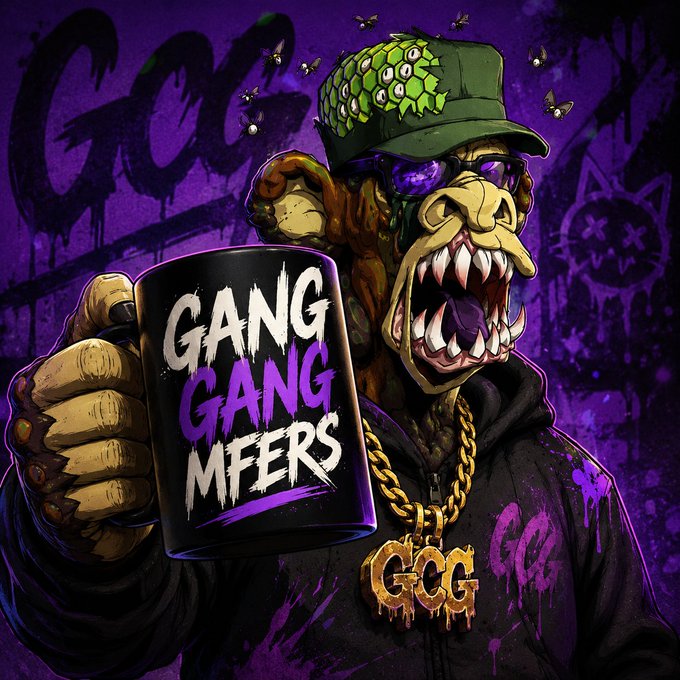 Illustrated gorilla/ape character wearing a green cap with eyes, sunglasses, and a gold GGG chain, holding a mug labeled 'GANG GANG MFERS' against a purple graffiti background with 'GGG' tagging.