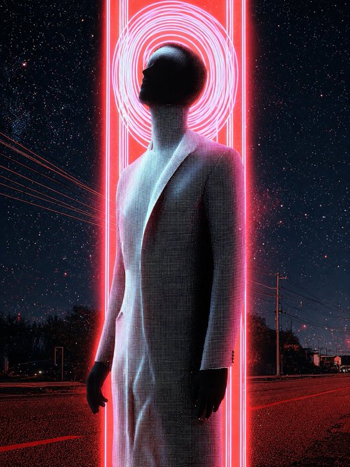A silhouetted figure in a white suit stands within a glowing red neon portal against a starry night sky, head tilted upward as if in reverence or transcendence. The imagery evokes a spiritual or otherworldly awakening, fitting the title "Beyond Flesh" and suggesting a transcendence of physical form.