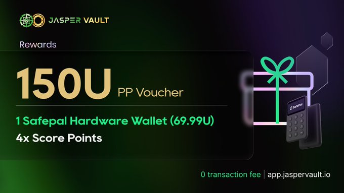 The image features a poster for a rewards program at Jasper Vault, which offers a gift card worth 150 U.S. dollars as a reward for completing four score points. The poster also includes an illustration of a cell phone with a green bow on top, symbolizing the value and uniqueness of the reward. The text in the image emphasizes that this is a special offer designed to attract users' attention and encourage them to participate in the program.