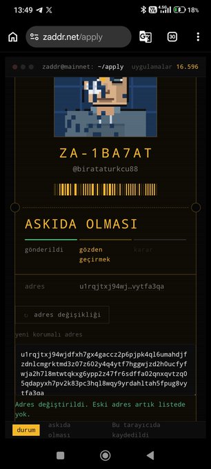 A mobile screenshot of the zaddr.net/apply page showing a user profile with the name "ZA-1BA7AT" (@biratataturkcu8), an anime-style avatar, and Turkish text including "ASKIDA OLMASI".