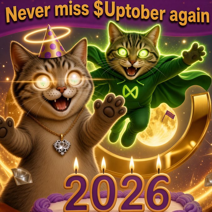 A digitally created image shows two glowing-eyed cats in front of a full moon, with the text 'Never miss $Uptober again' at the top and '2026' on a birthday cake.