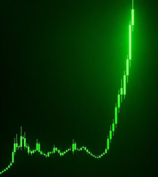 A green candlestick chart on a black background showing a dramatic upward price spike, representing a strong bullish trend.